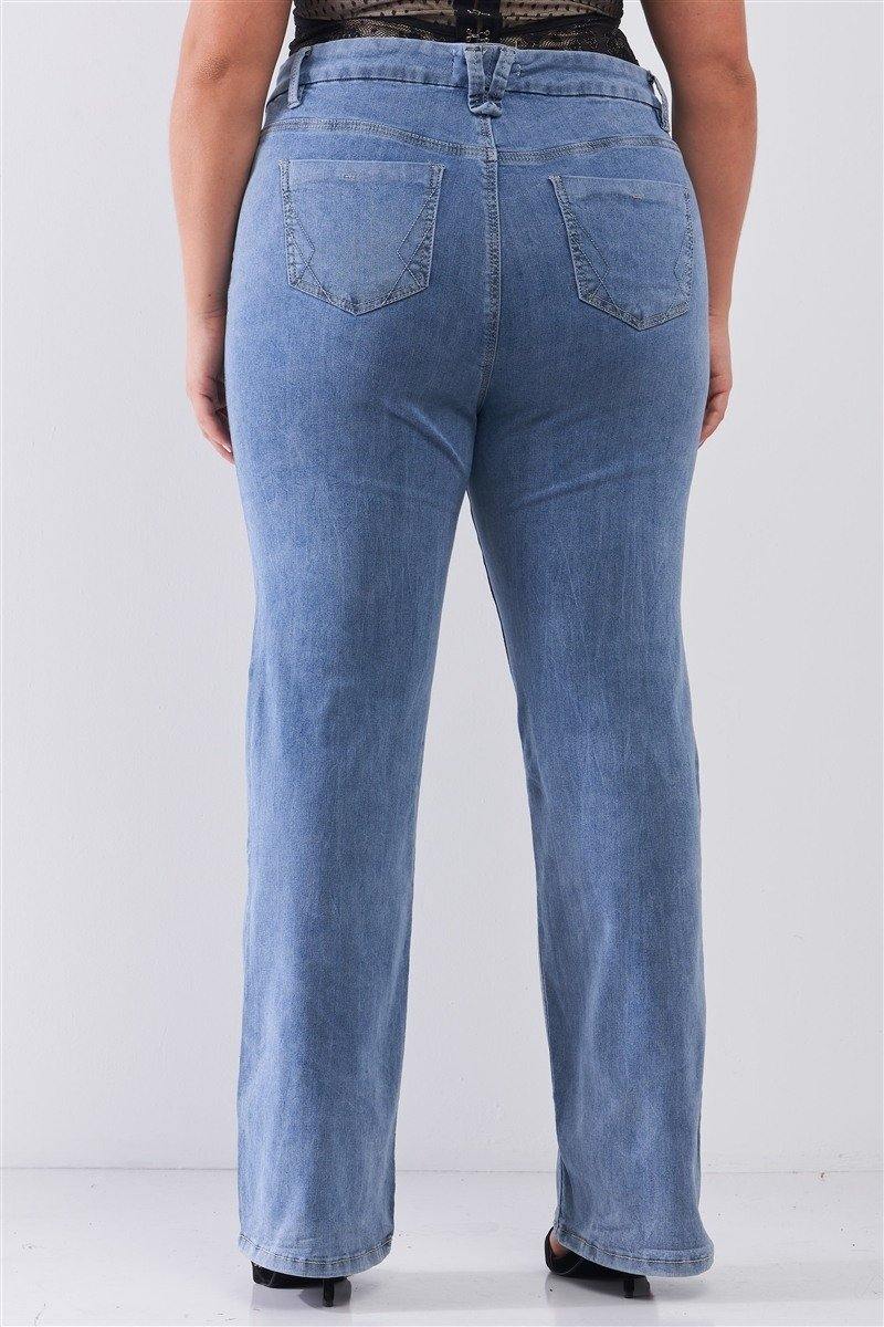 Plus Mid-wash Blue Denim Low-rise Wide-leg Upsized Basic Dad Jeans - AM APPAREL
