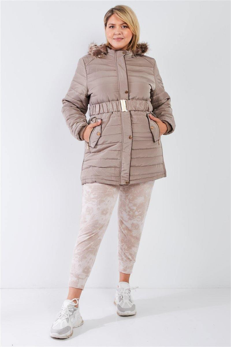 Plus Parallel Quilt Faux Fur Hood Belted Padded Long Puffer Jacket - AM APPAREL