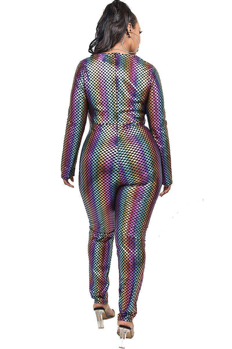 Plus Sequin Striped Surplice Jumpsuit - AM APPAREL