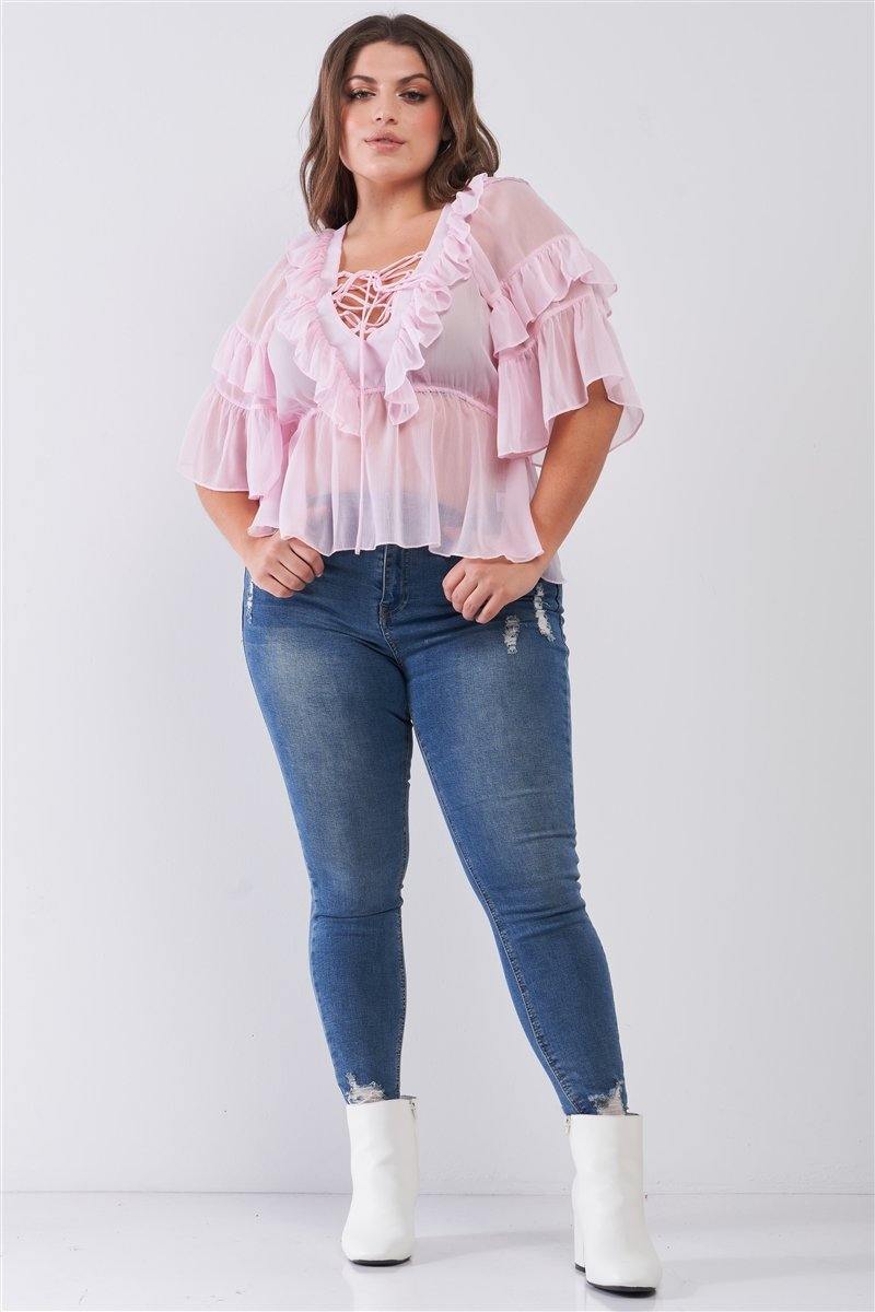 Plus Sheer Mesh Ruffle Lace-up V-neck Detail Wide Sleeve Relaxed Top - AM APPAREL