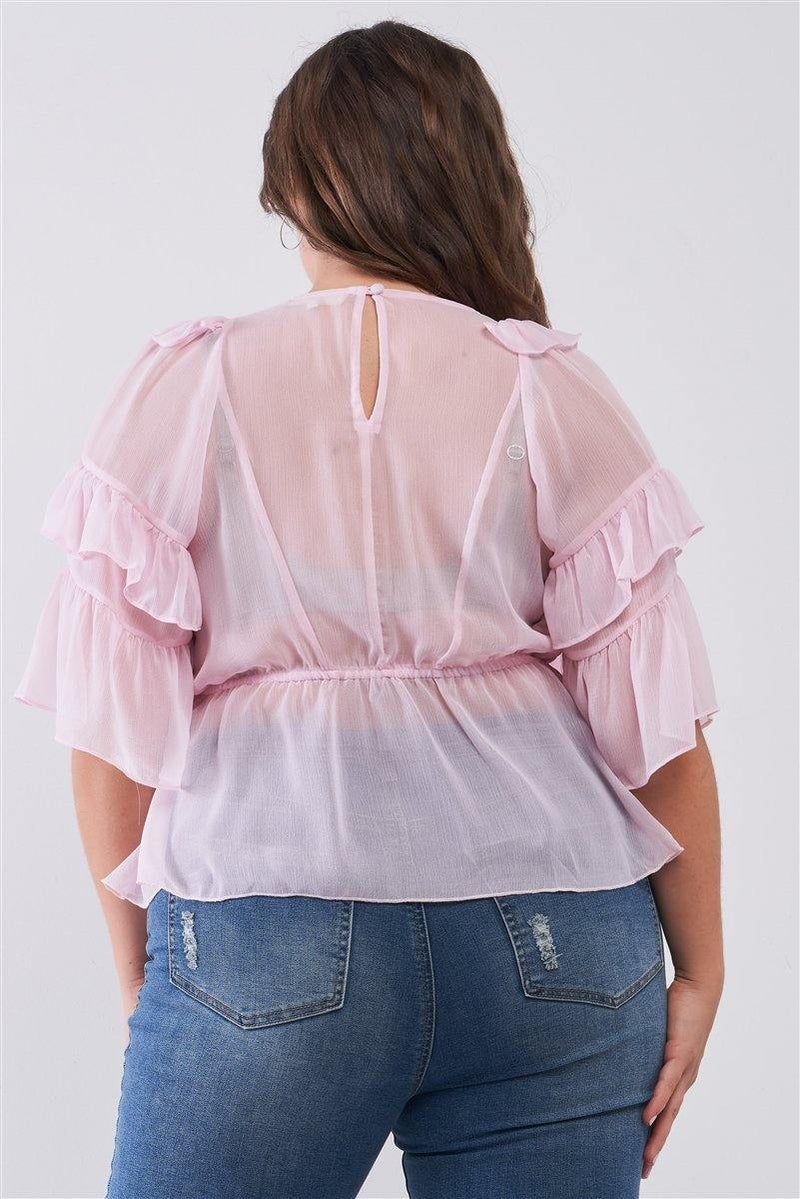 Plus Sheer Mesh Ruffle Lace-up V-neck Detail Wide Sleeve Relaxed Top - AM APPAREL