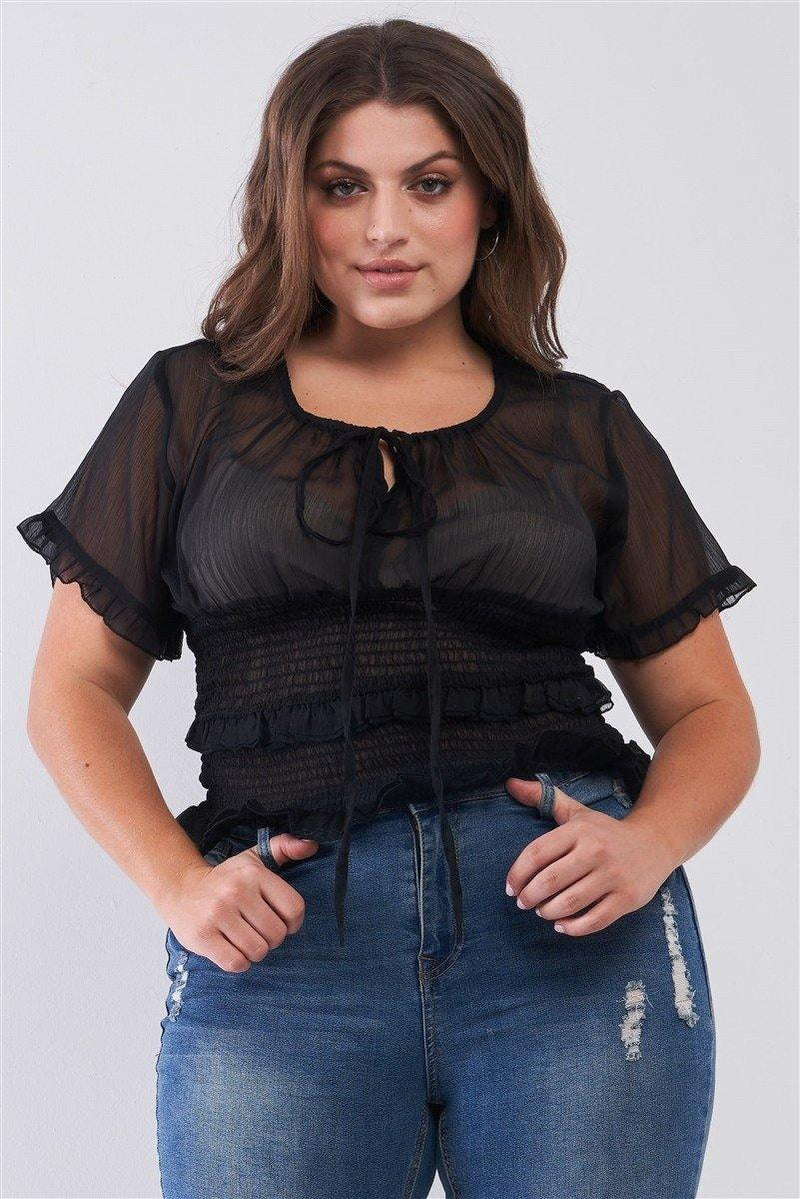 Plus Short Sleeve U-neck With Self-tie Detail Frill Smocked Sheer Top - AM APPAREL