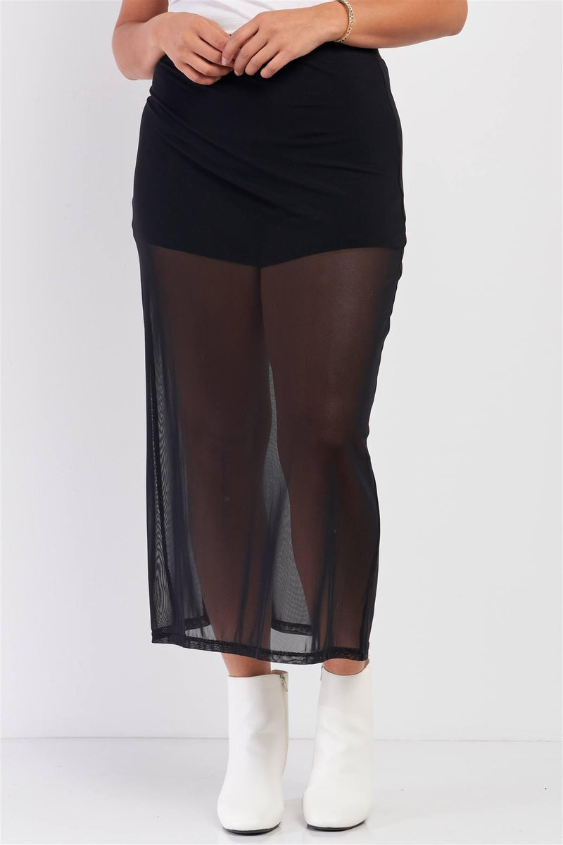 Plus Size Black High Waisted Sheer Mesh Midi Skirt - AM APPAREL
