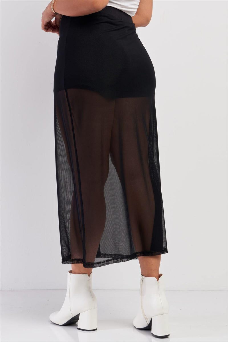 Plus Size Black High Waisted Sheer Mesh Midi Skirt - AM APPAREL