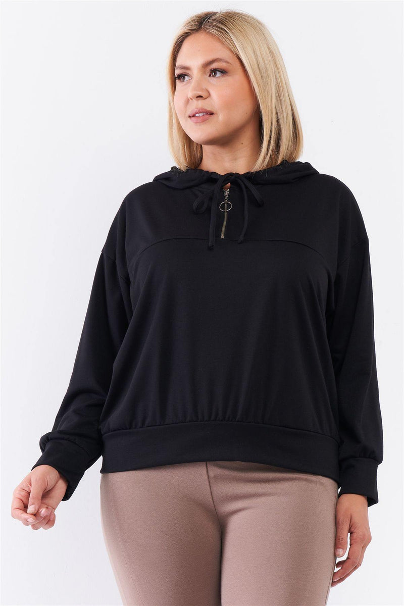 Plus Size Black Oversize High Neck Zip-up Hoodie Sweatshirt - AM APPAREL