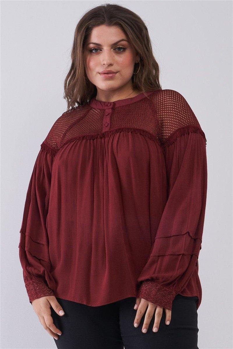 Plus Size Boho Mesh Balloon Sleeve Relaxed Top - AM APPAREL