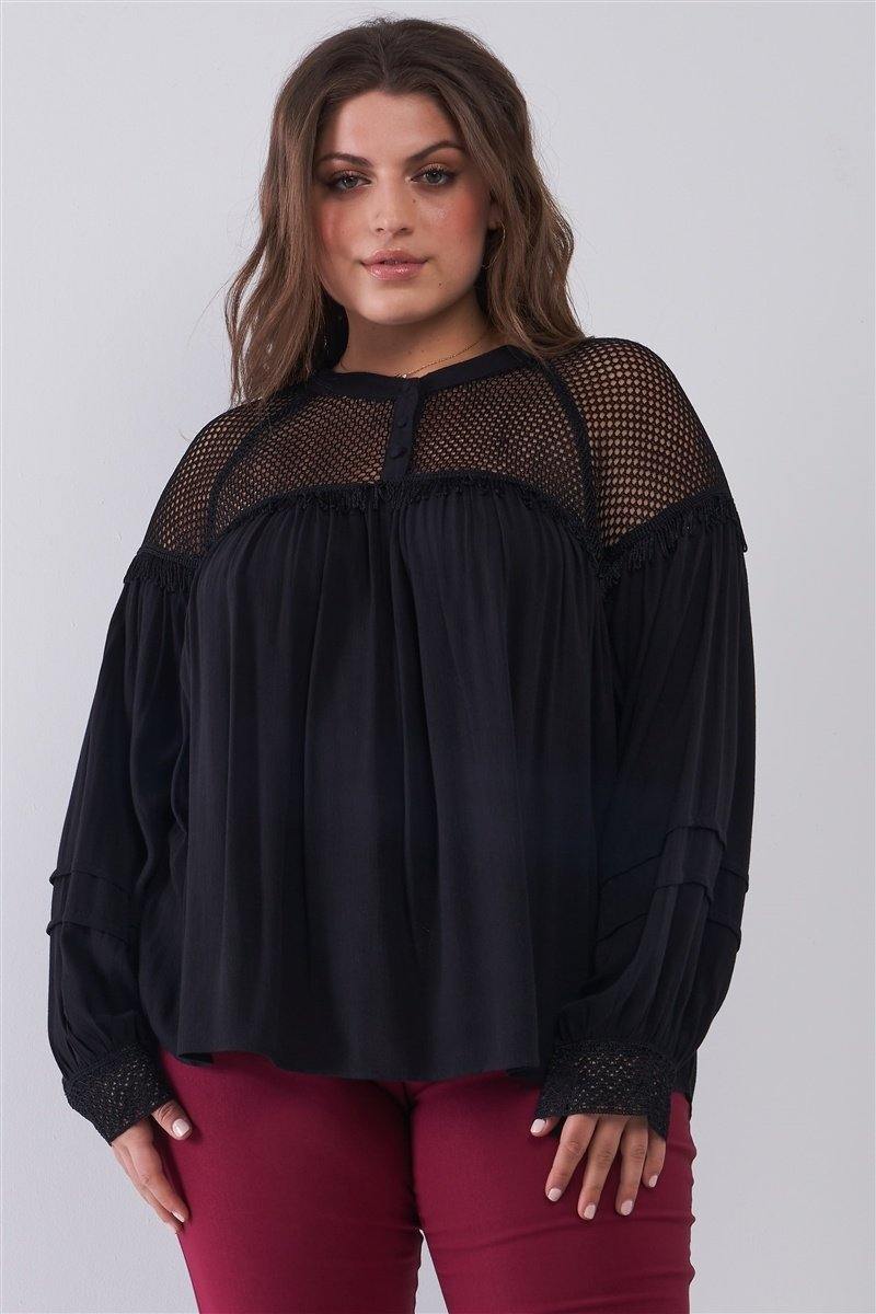 Plus Size Boho Mesh Balloon Sleeve Relaxed Top - AM APPAREL