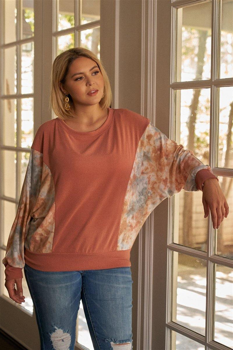 Plus Size Coral Tie-dye Long Sleeve Relaxed Round Neck Top - AM APPAREL
