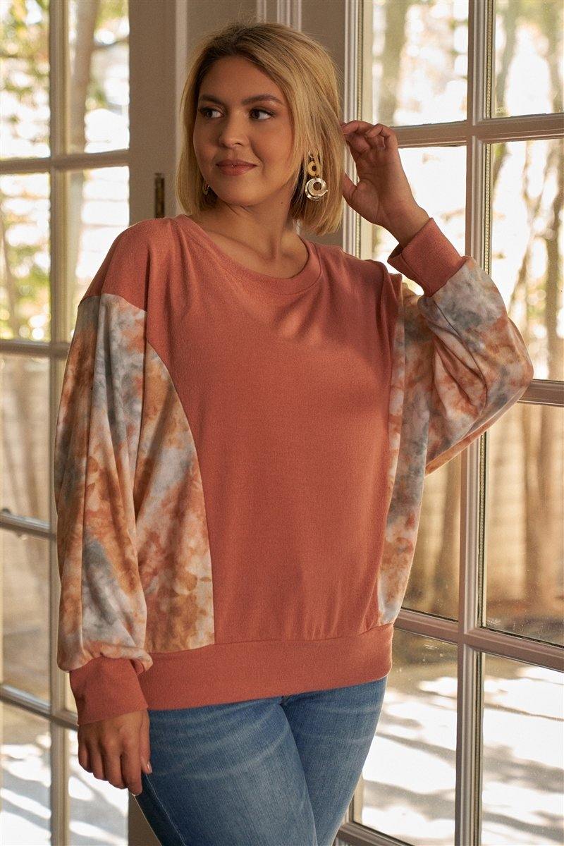 Plus Size Coral Tie-dye Long Sleeve Relaxed Round Neck Top - AM APPAREL