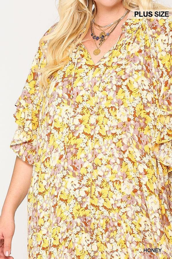 Plus Size Floral Frill Detail Flowy Maxi Dress With Neck Tie - AM APPAREL