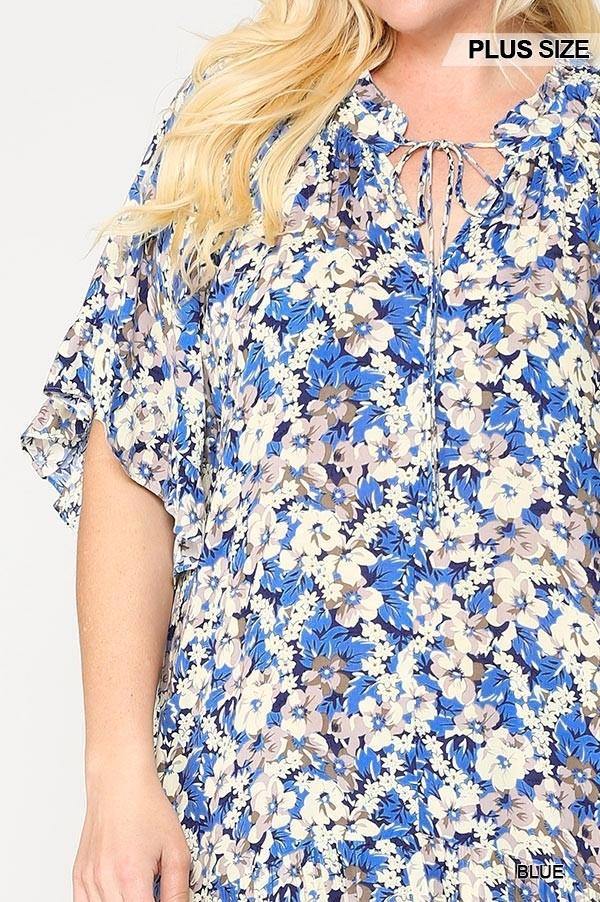 Plus Size Floral Frill Detail Flowy Maxi Dress With Neck Tie - AM APPAREL
