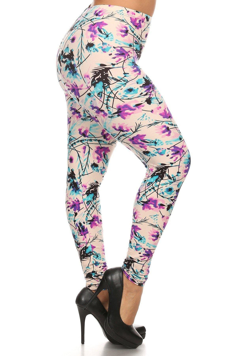 Plus Size Floral Print, Full Length Leggings In A Slim Fitting Style With A Banded High Waist - AM APPAREL