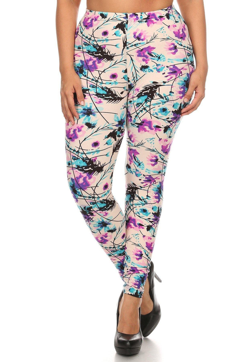 Plus Size Floral Print, Full Length Leggings In A Slim Fitting Style With A Banded High Waist - AM APPAREL