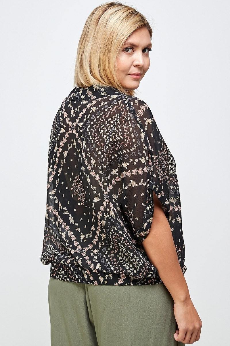 Plus Size Floral Scarf Printed Button-up Blouse - AM APPAREL