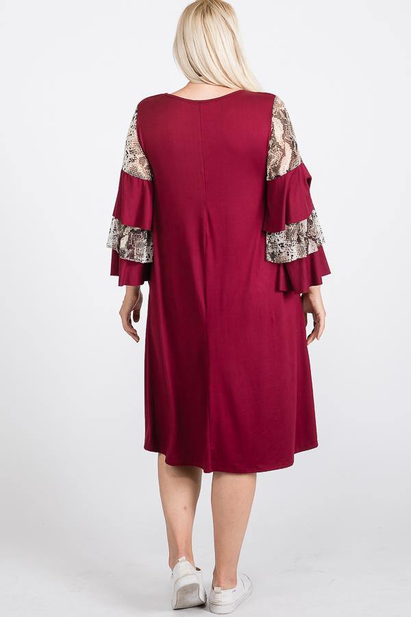 Plus Size Mixed Ruffle Sleeve A Line Dress - AM APPAREL
