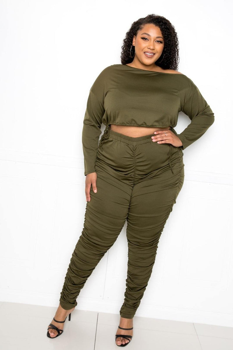 Plus Size Off Shoulder Cropped Top And Ruched Leggings Sets - AM APPAREL