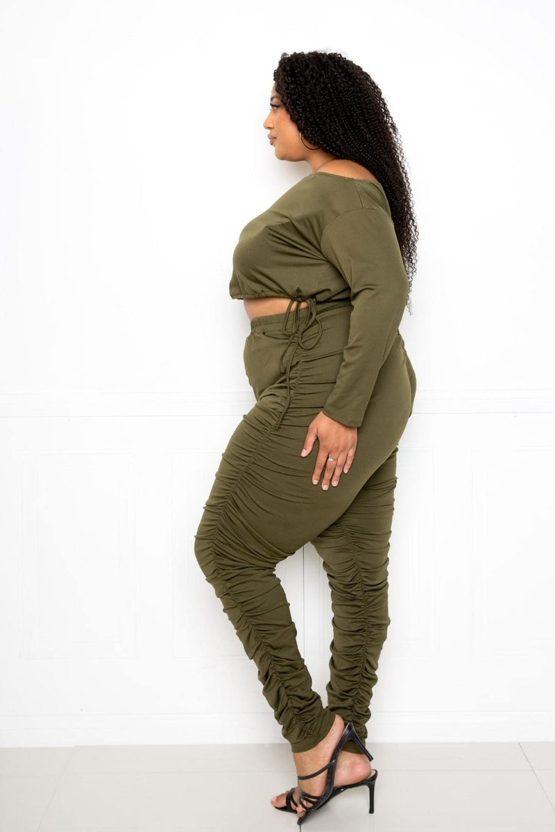 Plus Size Off Shoulder Cropped Top And Ruched Leggings Sets - AM APPAREL