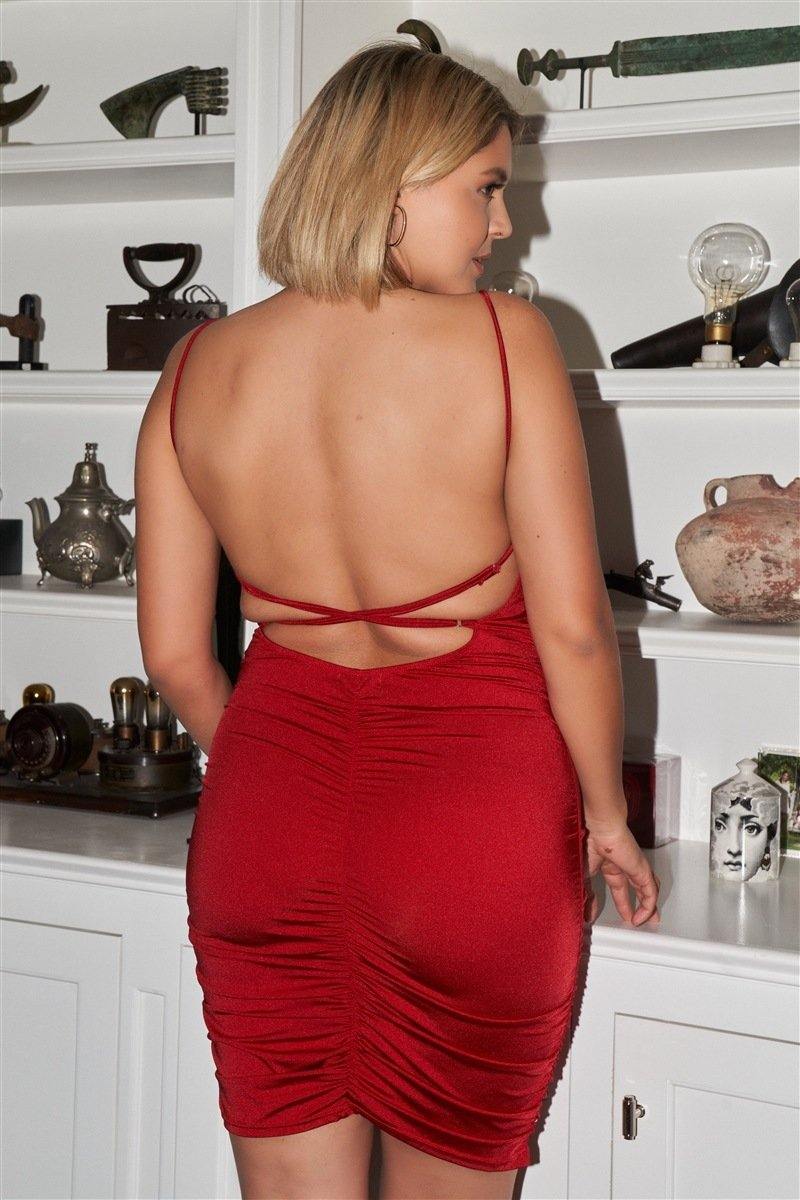 Plus Size Open Back Criss-Cross Straps Gathered Fitted Mini Dress - AM APPAREL