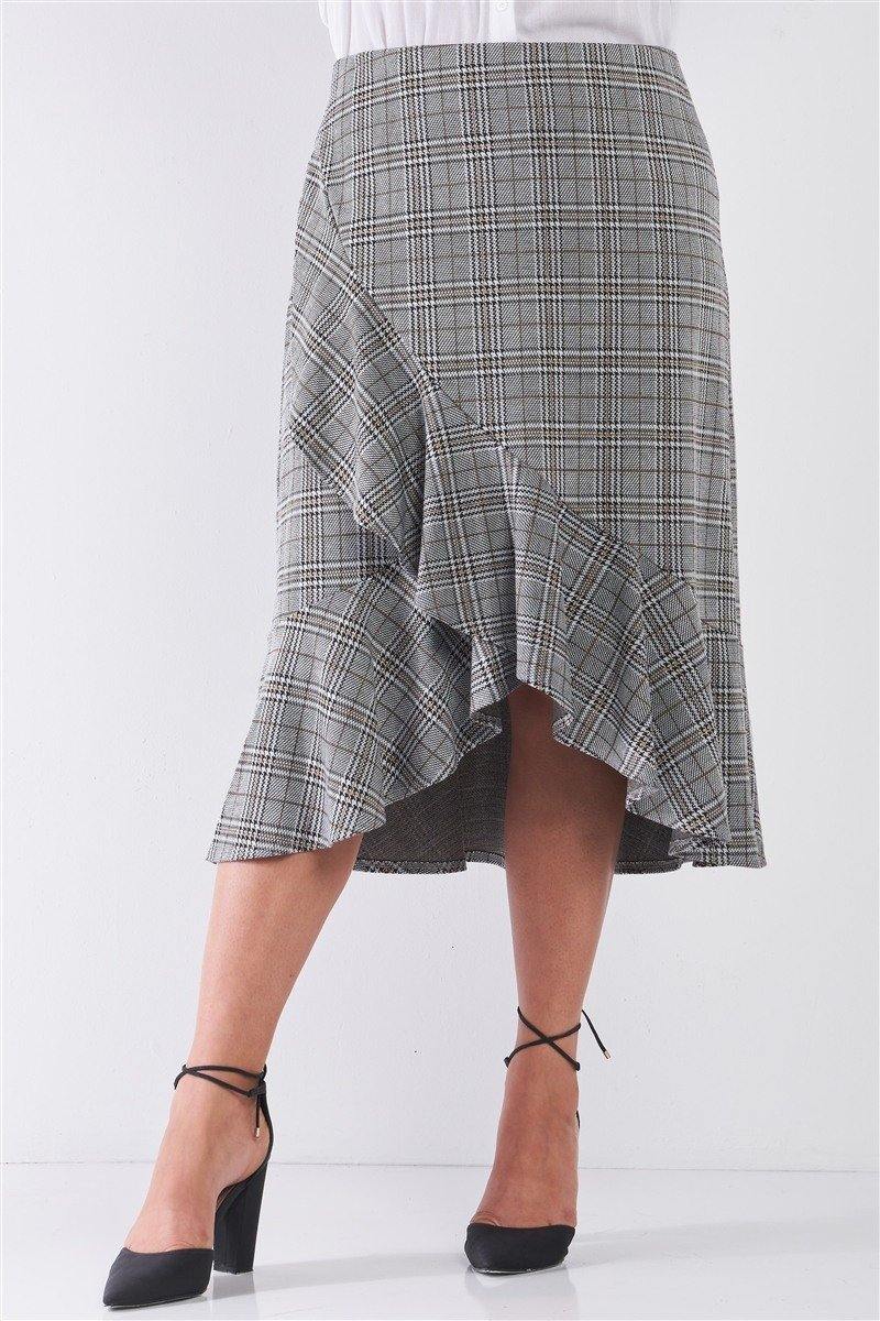 Plus Size Plaid Grey High-waist Midi Skirt - AM APPAREL