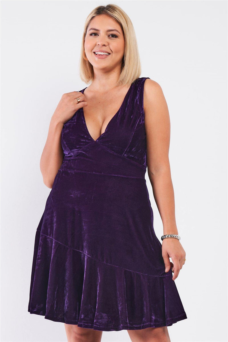 Plus Size Purple Velvet Sleeveless Deep Plunge V-neck Swing Bottom Dress - AM APPAREL