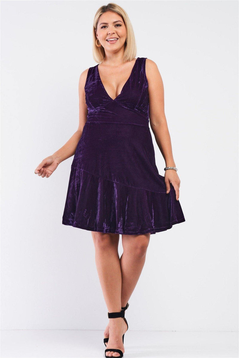 Plus Size Purple Velvet Sleeveless Deep Plunge V-neck Swing Bottom Dress - AM APPAREL