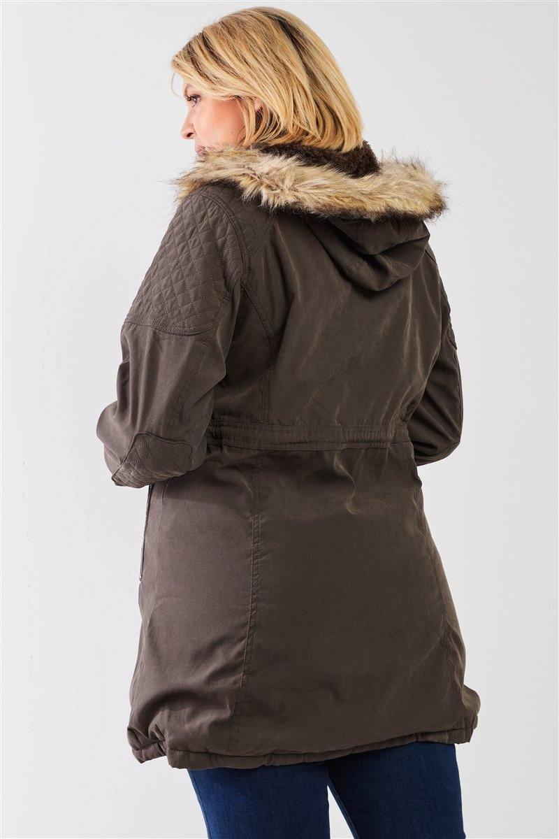 Plus Size Quilted Detail Vegan Fur Cotton Twill Parka Jacket - AM APPAREL