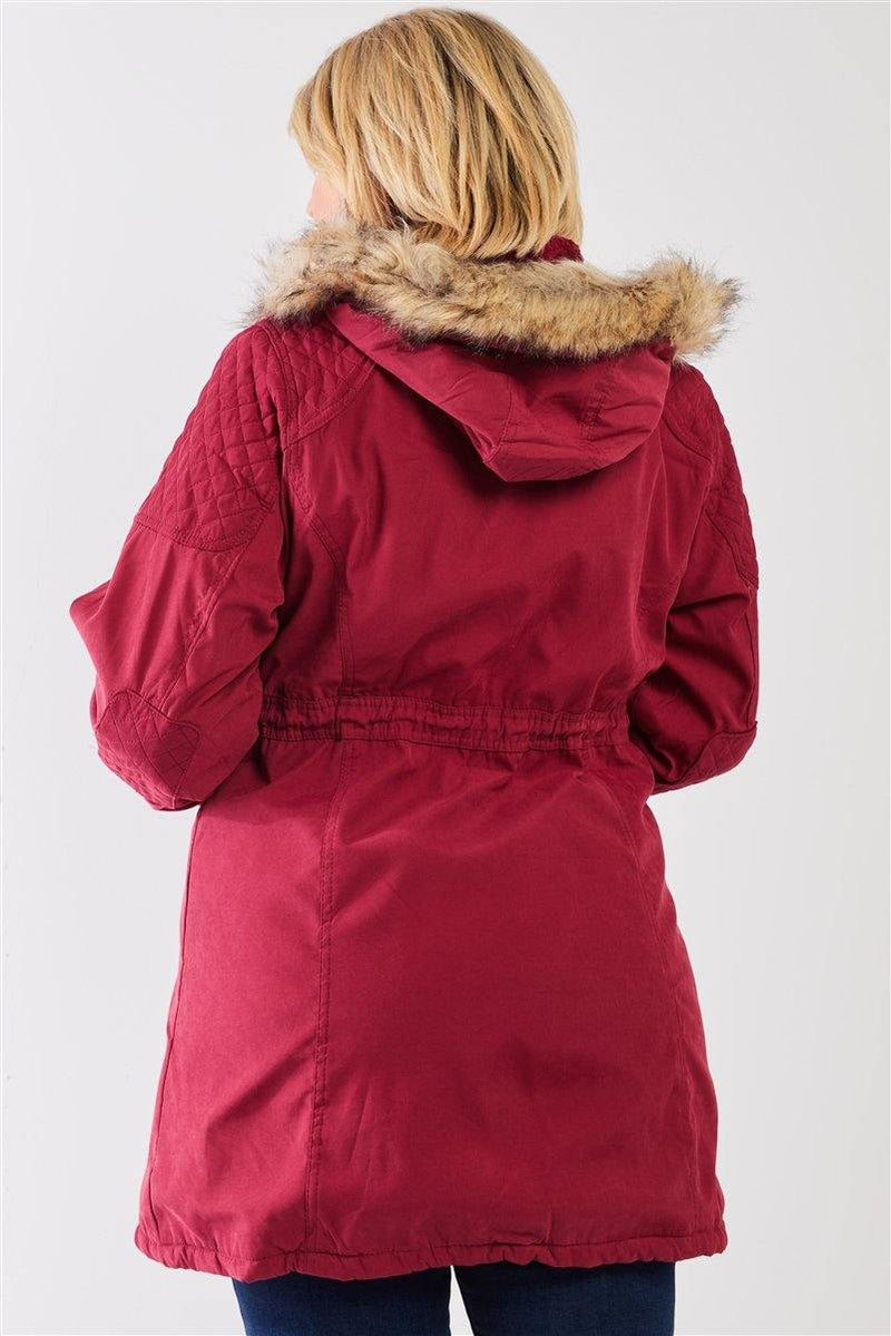 Plus Size Quilted Detail Vegan Fur Cotton Twill Parka Jacket - AM APPAREL
