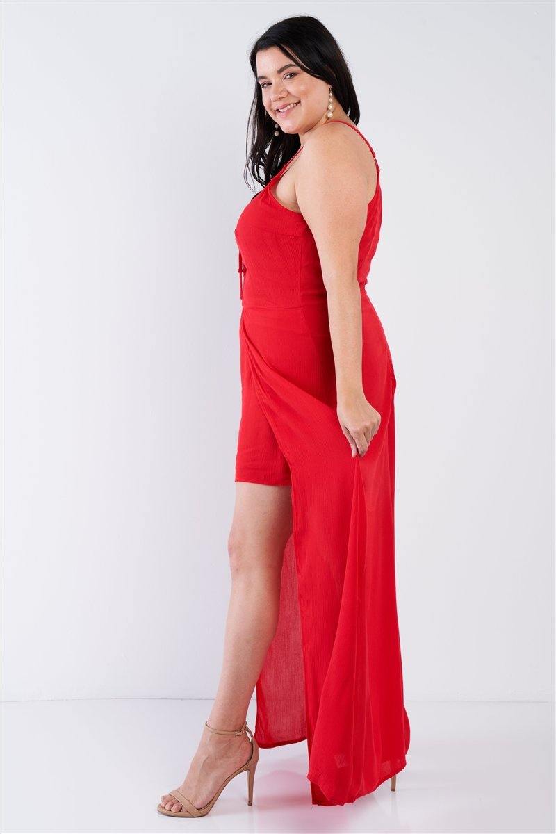 Plus Size Red Maxi Lace Up Romper Dress - AM APPAREL