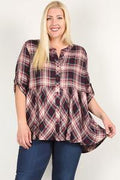 Plus Size Roll Sleeve Baby Doll Plaid Tunic Top - AM APPAREL
