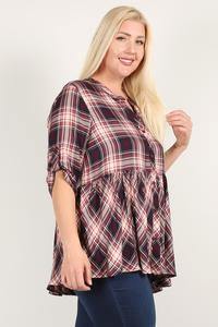 Plus Size Roll Sleeve Baby Doll Plaid Tunic Top - AM APPAREL