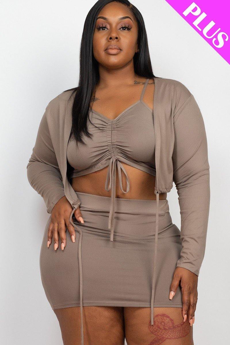 Plus Size Ruched Drawstring Cami Top & Skirt Set With Cardigan - AM APPAREL