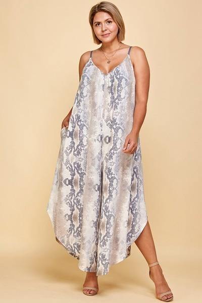 Plus Size Snakeskin Terry Printed Wide Leg Jumpsuit - AM APPAREL