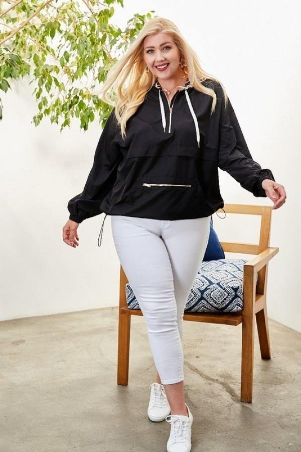 Plus Size Solid Pullover With Leopard Contrast Inside Windbreaker - AM APPAREL