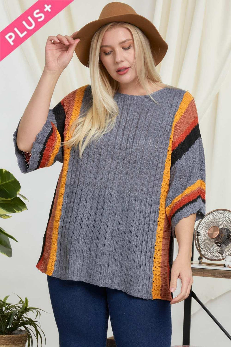 Plus Size Stripe Accent Ribbed Knit Sweater - AM APPAREL