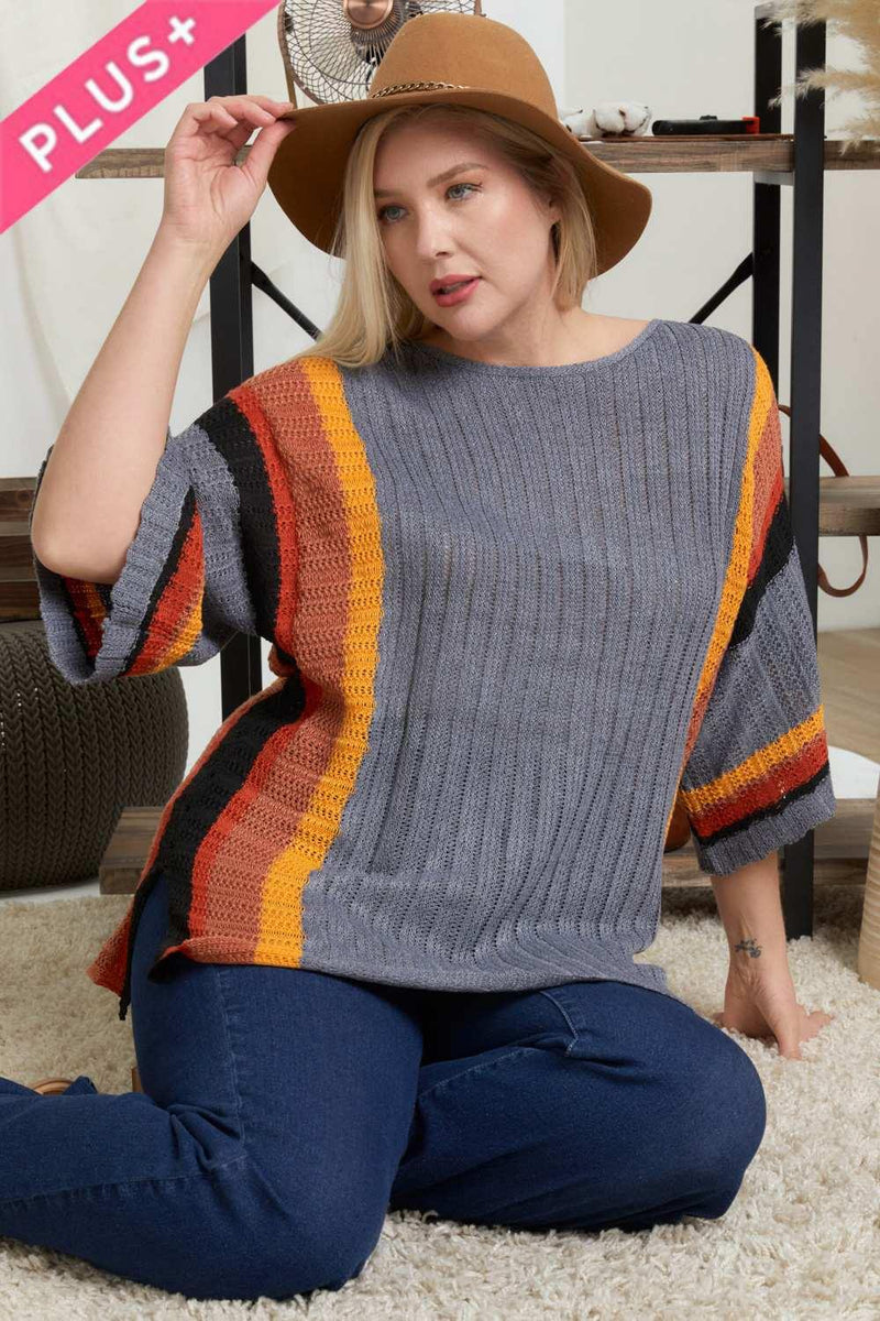 Plus Size Stripe Accent Ribbed Knit Sweater - AM APPAREL