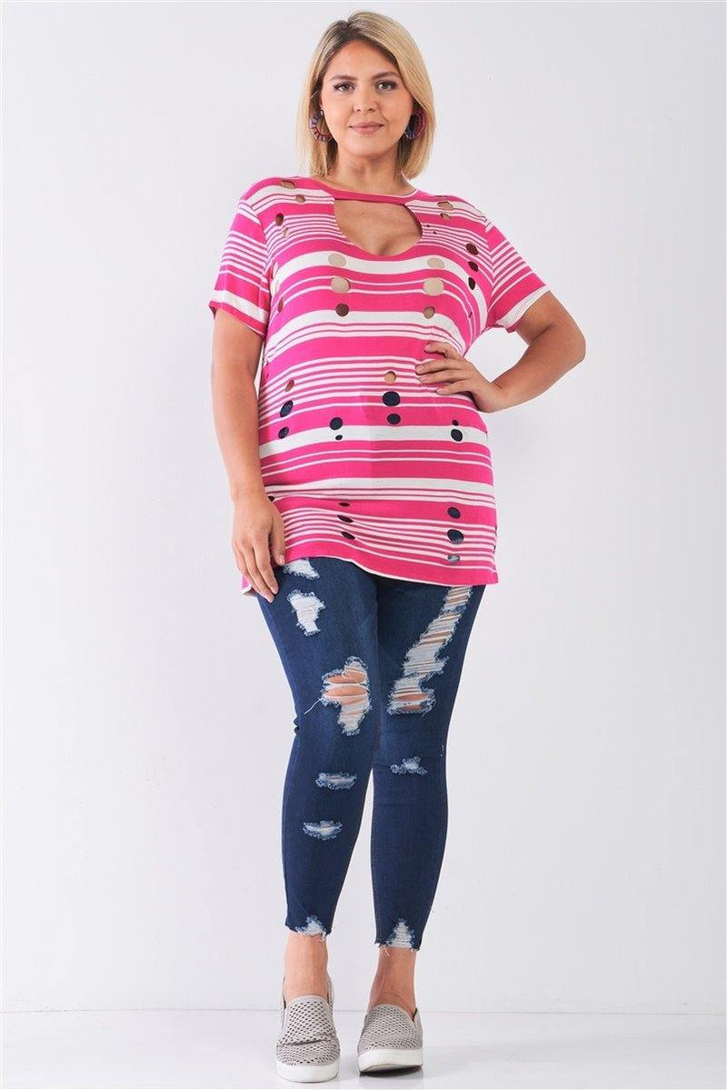 Plus Size Striped And Distressed Cut-out Top - AM APPAREL