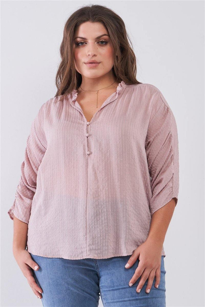 Plus Size Striped Frill Neck Button-down Relaxed Boohoo Top - AM APPAREL