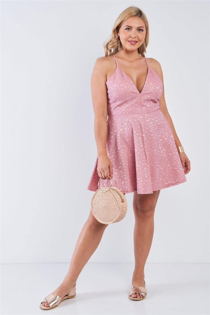 Plus Size V-neck Floral Lace Raceback Flare Skirt Mini Dress - AM APPAREL