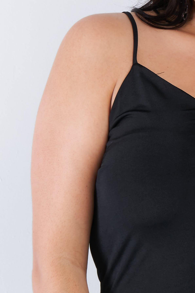 Plus Size V-neck Solid Cami Satin Mini Dress - AM APPAREL