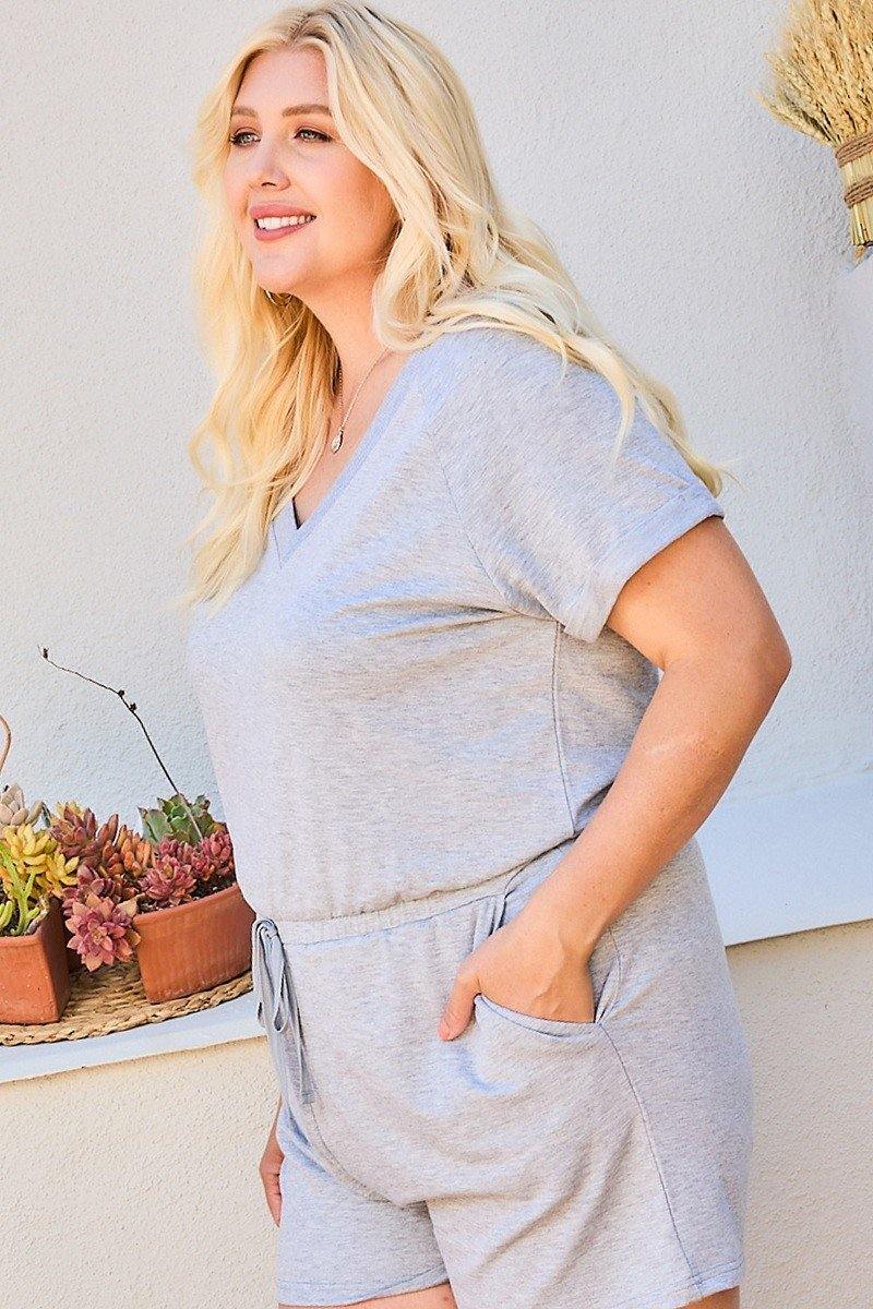 Plus Size V Neck Solid French Terry Romper - AM APPAREL