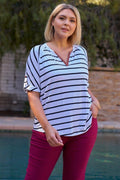 Plus Size White & Black Stripped V-neck Relaxed Fit Top - AM APPAREL