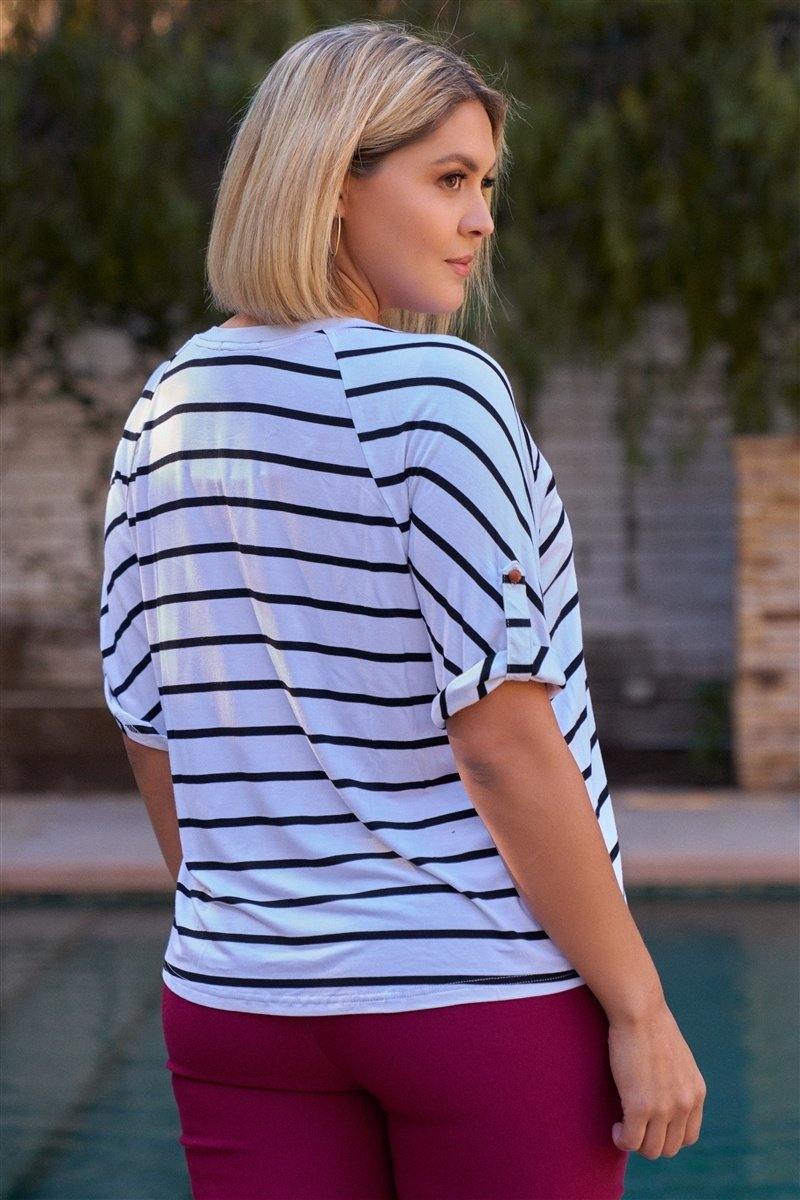Plus Size White & Black Stripped V-neck Relaxed Fit Top - AM APPAREL