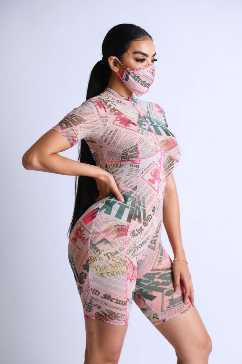 Printed Mesh Romper With Stitching Detail With Mask - AM APPAREL