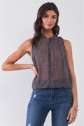Purple & Multi Sleeveless Mock Neck Front Button Down Sheer Blouse Top - AM APPAREL