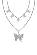 Rhinestone Butterfly Double Necklace Set - AM APPAREL