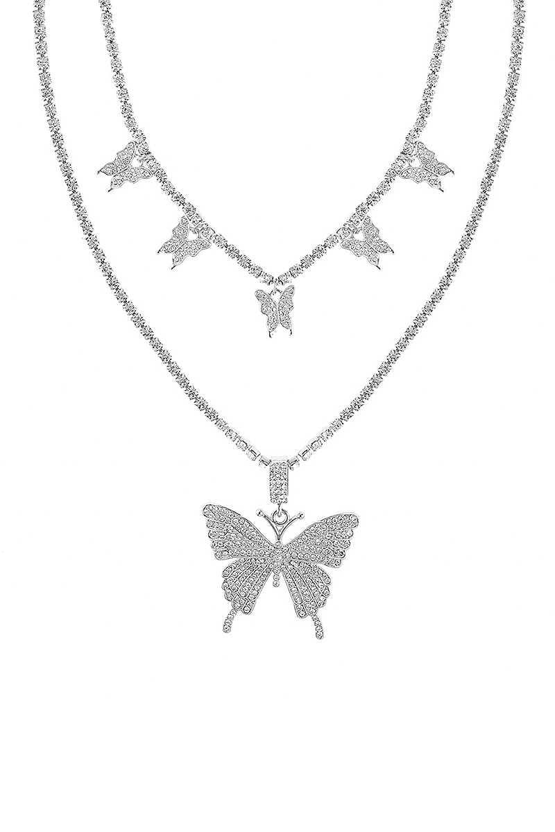 Rhinestone Butterfly Double Necklace Set - AM APPAREL