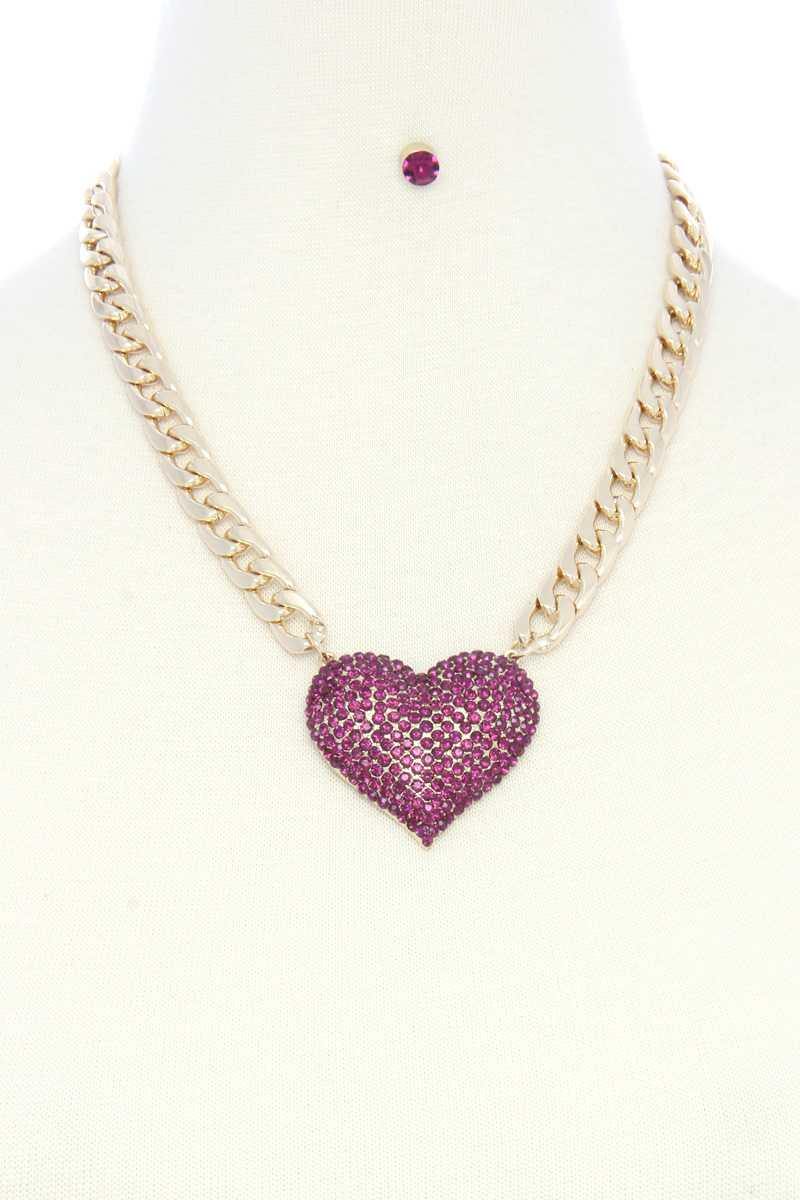 Rhinestone Heart Pendant Chunky Cuban Link Necklace - AM APPAREL