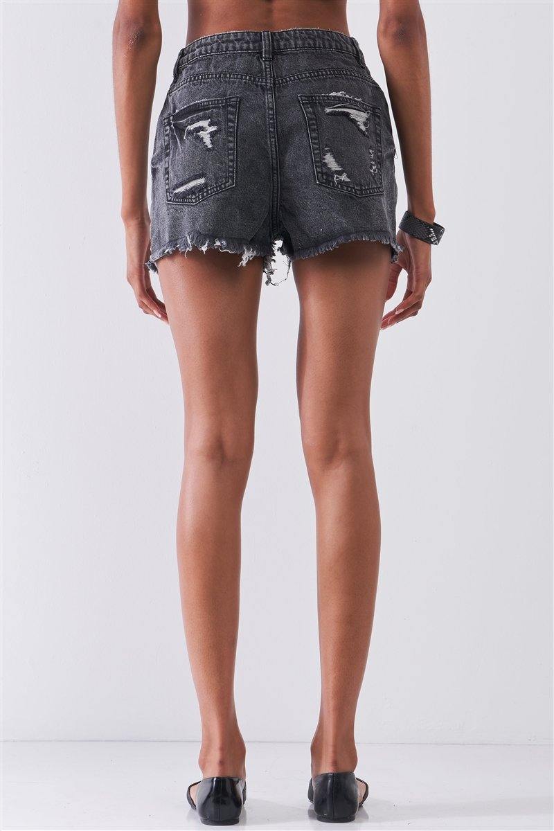 Ripped High-waist Front Zip-up Raw Hem Detail Distressed Mini Shorts - AM APPAREL