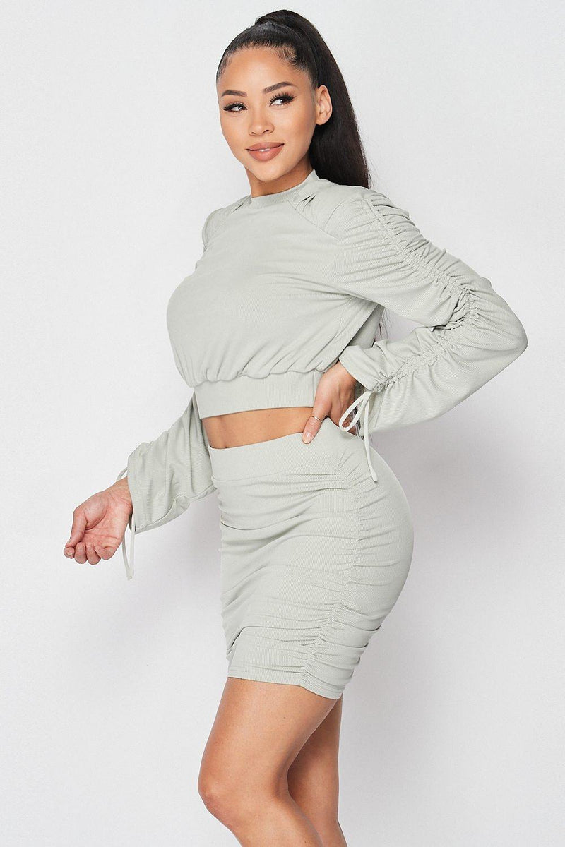 Ruched Long Sleeve Top And Skirt Set - AM APPAREL