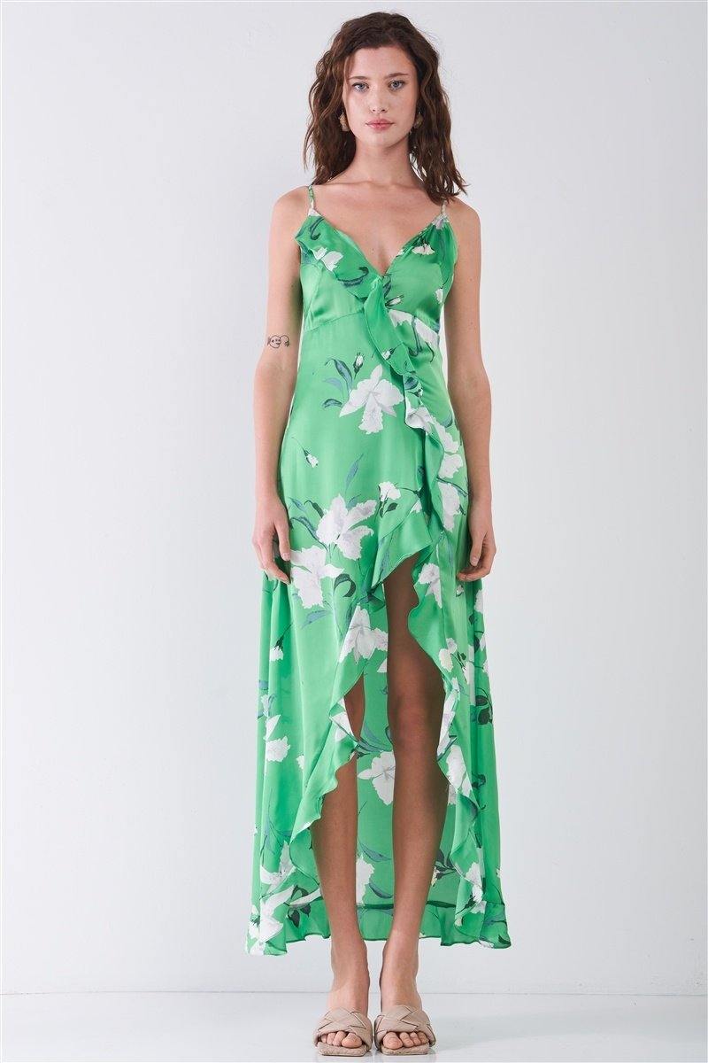 Satin Floral Print Side Slit Detail Maxi Dress - AM APPAREL